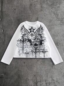 AXEPEAK Men's Casual Skull & Slogan Print Long Sleeve T-Shirt, Autumn Mens White Long Sleeve Graphic Shirt White Graphic Shirt Men White Long Sleeve Graphic Tee Gothic Long Sleeve Shirt Men Skull Graphic Long Sleeve Shirt Goth Men Long Sleeve White Graffiti Shirt Mens Long Sleeve Shirt Graphic - White - View 7