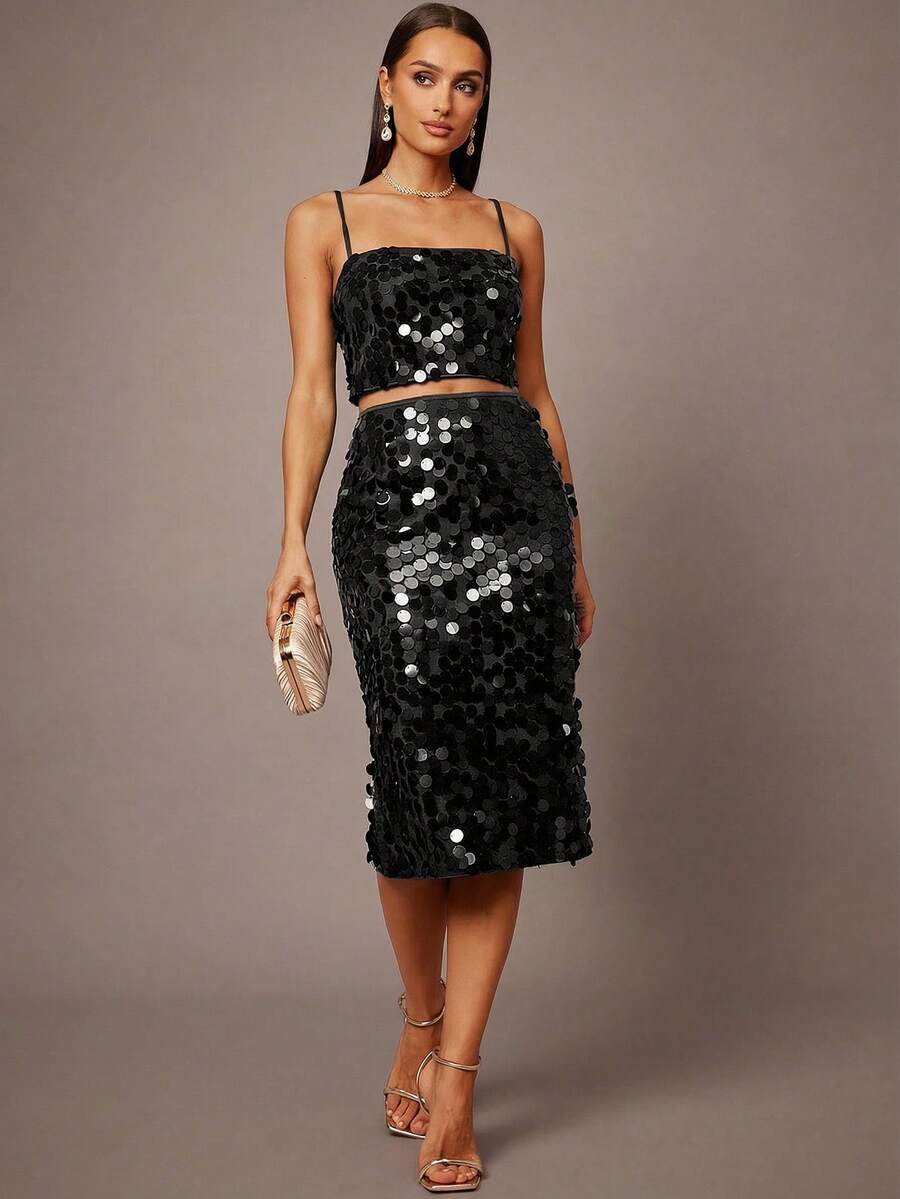 Silquee 两件套性感红色吊带紧身连衣裙 - 黑色 - 查看 1