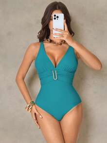 Shapewave 1pc Women's Solid Color Sexy Fashion Deep V Backless Adjustable Strap Metal Decor One-Piece Swimsuit, Spring/Summer Turquoise Bathing Suit Teal Swimsuit Women's Swimsuit One Piece Bathing Suit One Piece Tummy Control Swimsuit - Teal Blue - View 2