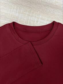 Franclia 女士纯色圆领长袖T恤和褶皱长裤休闲两件套 - 彩色 - 查看 4