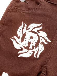 Young Boy Letter Print Pocket Casual Versatile Daily Wear Denim Bib Pants - Rust Brown - View 4