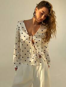 Rafferiza 女士优雅通勤系带波点印花V领衬衫 - 白色 - 查看 5