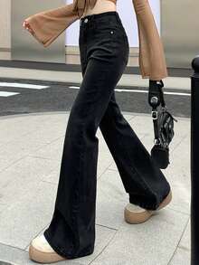 DAZY Women's Cat Whisker Korean Style Flared Washed Denim Jeans - Black - View 3