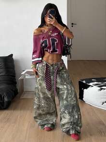 Coolane Áo thun thể thao nữ mùa hè cơ bản họa tiết số Y2K, cổ chữ V, phối ren tương phản, chất liệu jersey, dáng rộng. - Màu Đỏ Sâu - Xem 2