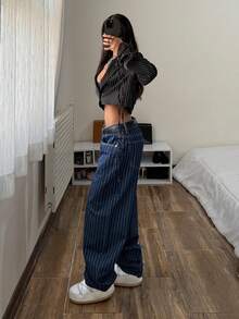 StreetHx Fashionable Casual Street Style Striped Low-Waist Straight Leg Jeans - Medium Wash - View 5