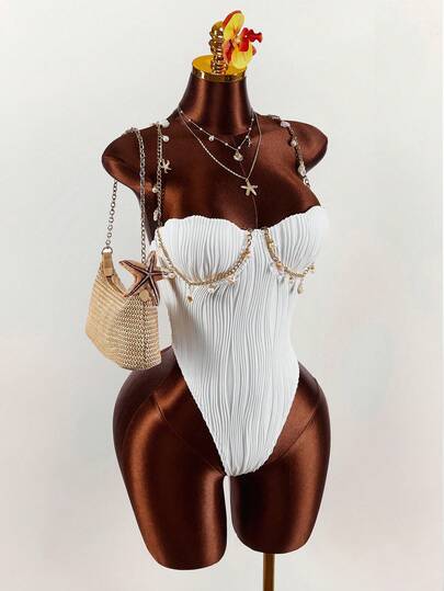 Amplova 1 pièce Maillot de bain femme à rayures texturées en vague, sexy et élégant, convient pour les vacances. Tenue de vacances pour femmes, tenue de plage élégante pour femmes.