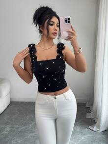 Elenzga Elegant French Jewel Decor Rhinestone Camisole Sleeveless Knit Elastic Bodycon Tight Black Top, Fashionable For Vacation Wear, Layering Or Standalone, Spring/Summer Women Top Ribbed Top Studded Top Ruffle Top - Black - View 5