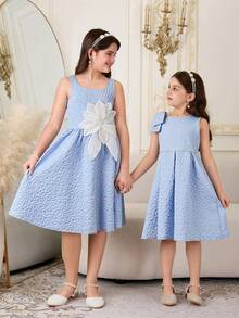 SHEIN Đầm dệt hoa jacquard thanh lịch dành cho bé gái tuổi teen, không tay, đính hoa 3D lấp lánh, thích hợp mặc hàng ngày, dự tiệc, các buổi gặp mặt và các dịp trang trọng. - Màu xanh lam - Xem 5