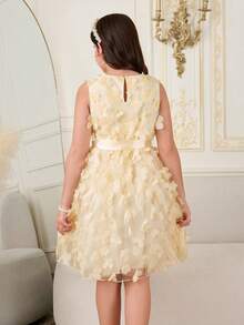 SHEIN 1pc Tween Girls' Spring/Summer Sleeveless Round Neck Mesh Butterfly Embroidered Party Elegant Flower Girl Wedding Bridesmaid Sweet A-Line Dress With Satin Belt, Everyday Wear Princess Dress - Apricot - View 2