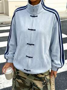 Muchica 女士休闲条纹蓝色纽扣轻薄外套 - 藍色 - 查看 4