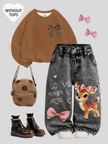 SHEIN Baby GirlCute Cartoon Deer Pattern Blue Denim Loose Pants - Light Grey - View 1