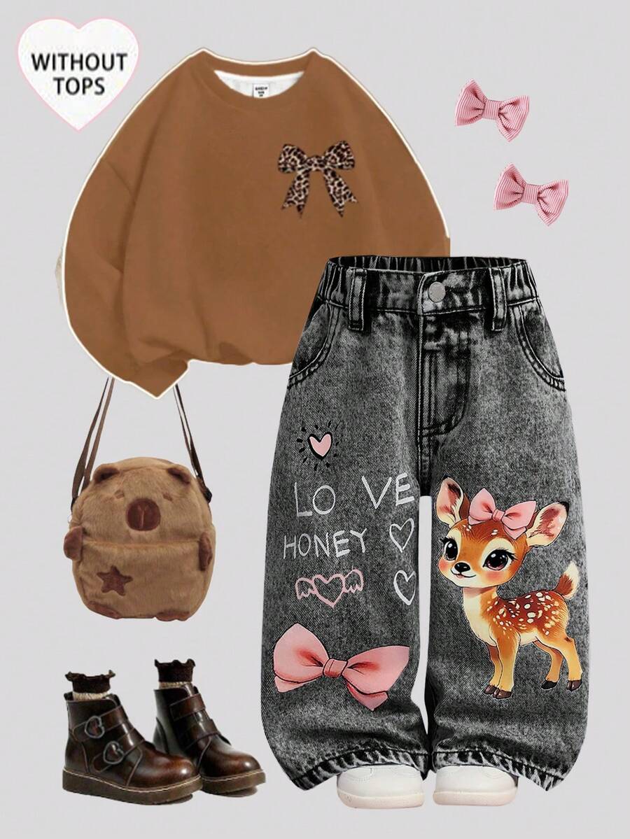 SHEIN Baby GirlCute Cartoon Deer Pattern Blue Denim Loose Pants - Light Grey - View 1