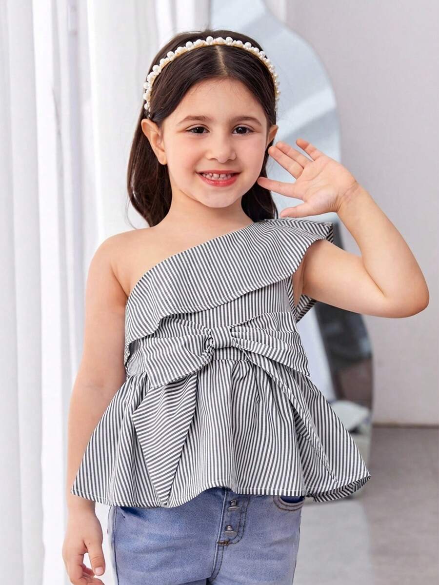 SHEIN Young Girl Cute Asymmetric Striped One-Shoulder Blouse With Large Bow, Young Girl - Black and White - View 1