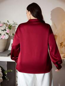 Modelyn Plus Size Women Loose Fit Satin Long Sleeve Shirt, Suitable For Commuting, Autumn - Burgundy - View 8