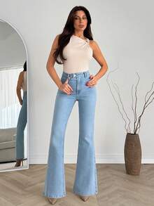 EURMUSE Quần jean denim ống loe cạp cao co giãn nâng mông - Rửa nhẹ - Xem 3