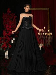 Glamrae 优雅、浪漫、奢华、高贵，这款奢华的红色亮片雪纺拼接褶皱长裙，搭配超大裙摆，适合度假、婚礼、单身派对、正式舞会、盛大晚宴等场合。 - 黑色 - 查看 6