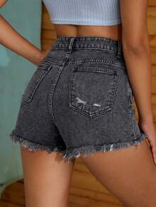 Jeanoix 女士高腰带口袋破洞毛边休闲牛仔短裤 - 灰色 - 查看 2