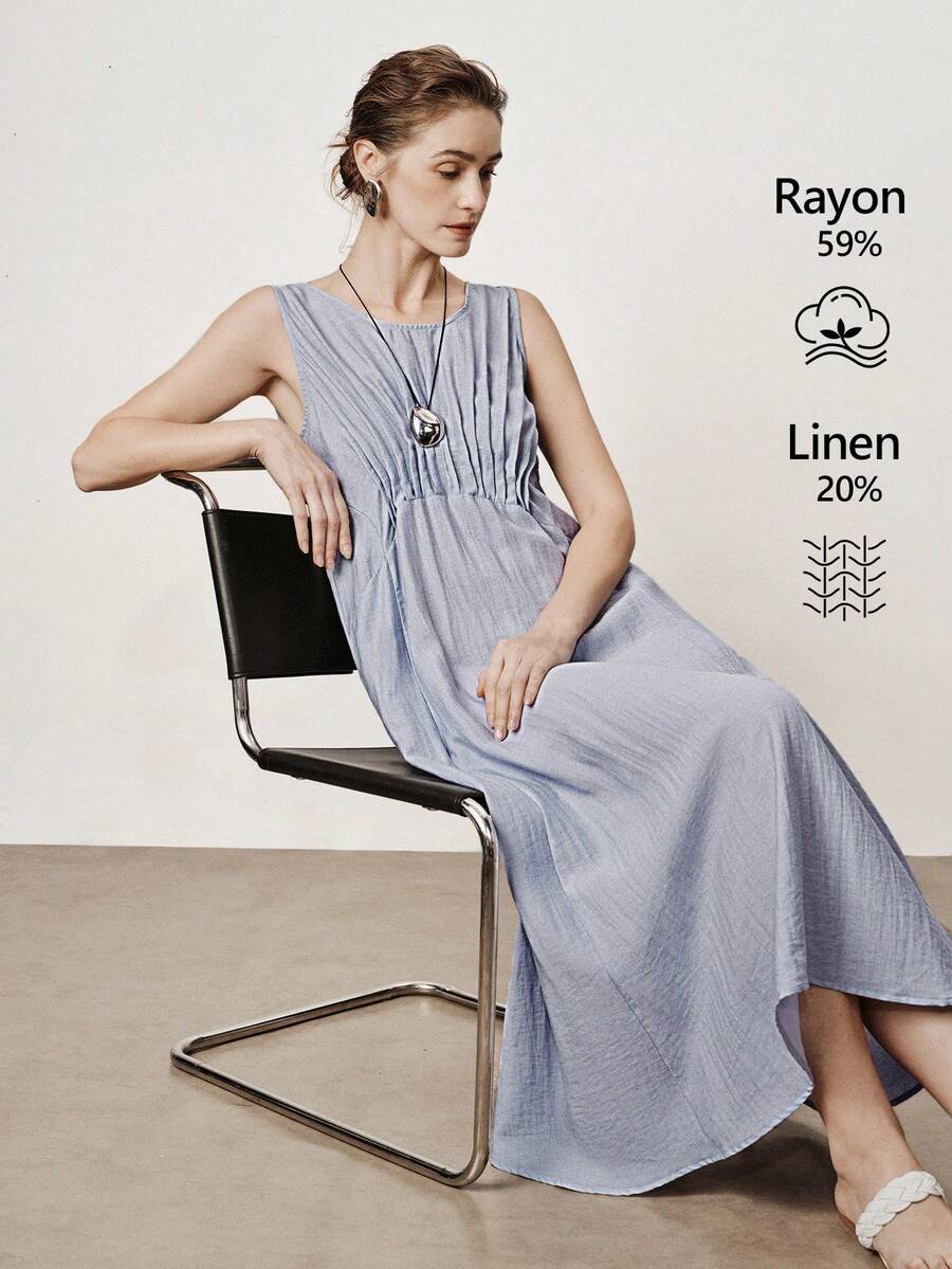Aalyst Robe longue ample en tissu lin-like vintage, style bohème chic et élégant, col rond, poche avant froncée, sans manches, pour femmes, idéale pour les vacances ou le travail, printemps/été - Bleu gris - Voir 1