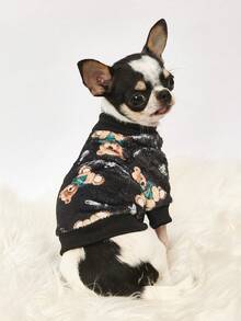 PETSIN 1 Printed Brown Bear Flannel Sweatshirt, Thick And Warm For Pets In Autumn And Winter, Black