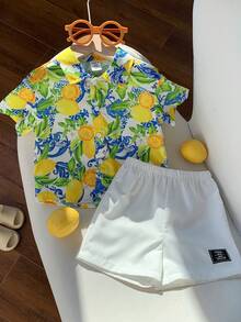 SHEIN 2pcs/Set Baby Boy Summer Casual Beach Holiday Cute Lemon Print Short Sleeve Shirt & Elastic Waist Shorts Set, Summer Vacation Outfit Boy Vacation Outfit Sets Baby Boy Beach Shirts Baby Hawaiian Shirt Toddler Boy Tropical Outfit Boy Summer Outfit Set - Multicolor - View 7