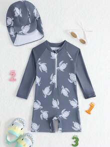 SHEIN 一套男童长袖连体泳衣，含泳帽，适合沙滩和水疗中心 - 彩色 - 查看 3