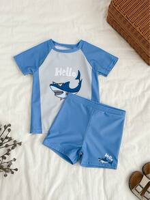 Set de 2 piezas de traje de baño tipo tankini con estampado de tiburón para niño, ideal para playa, piscina y spa - Multicolor - Ver 3