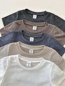 SHEIN 10件套婴儿男女童夏季套装 - 灰色、黑色、浅绿色、天蓝色，宽松圆领短袖上衣和短裤，无腰带环，简约风格，柔软针织面料，适合婴幼儿日常穿着、户外玩耍和居家穿着。