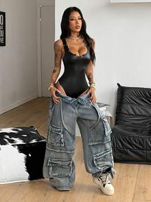 Coolane 女士春季街头风 Y2K 复古外出锐舞装扮 文艺复兴集市俱乐部派对服装 镂空玉米 PU 连体衣 - 黑色 - 查看 4