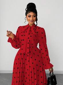Maweii 大码波点印花荷叶边情人节休闲连衣裙 - 紅色 - 查看 2