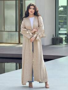 Yasmyna 女士优雅阿拉伯长袍，饰有拼接蝴蝶结和亮片袖口