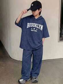 两件套儿童青少年男童休闲校园风舒适字母印花连帽T恤和直筒宽松运动裤套装，适合春夏季节、郊游、情人节、约会、旅行、度假、家庭聚会、返校、婚礼、晚宴、运动、生日派对等场合。 - 彩色 - 查看 2