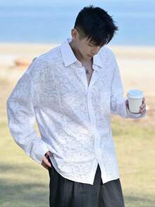 DAZY 男士纯色长袖单排扣休闲口袋衬衫，春夏款 - 白色 - 查看 4