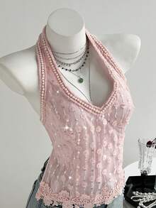 SHEIN Unity Áo tank top ren cổ chữ V buộc dây cổ yếm thêu đính cườm dành cho nữ, thích hợp cho mùa xuân/hè. - Hồng - Xem 4