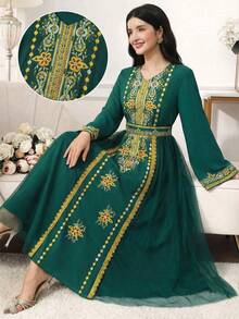 SHEIN Teen Girls Middle Eastern Style Dress,Dark Green Mesh Allover Print Belted Luxury Gown For Autumn Holiday Festivals,Daily Wear & Travel Souvenir - Dark Green - View 7