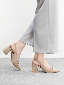 CUCCOO BIZCHIC Sepatu hak tebal wanita warna burgundy, desain minimalis klasik, cocok untuk bepergian, kencan, pesta, liburan, pernikahan, Natal, dan musim semi. - Krim Aprikot - View 3