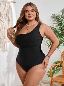 SHEIN CURVE+ Plus Size Women One-Piece Swimsuit, Shoulder Strap, Suitable For Summer Vacation - Black - View 5