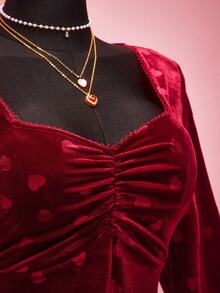 SHEIN ICON 大码女士情人节优雅爱心丝绒连衣裙 - 紅色 - 查看 1