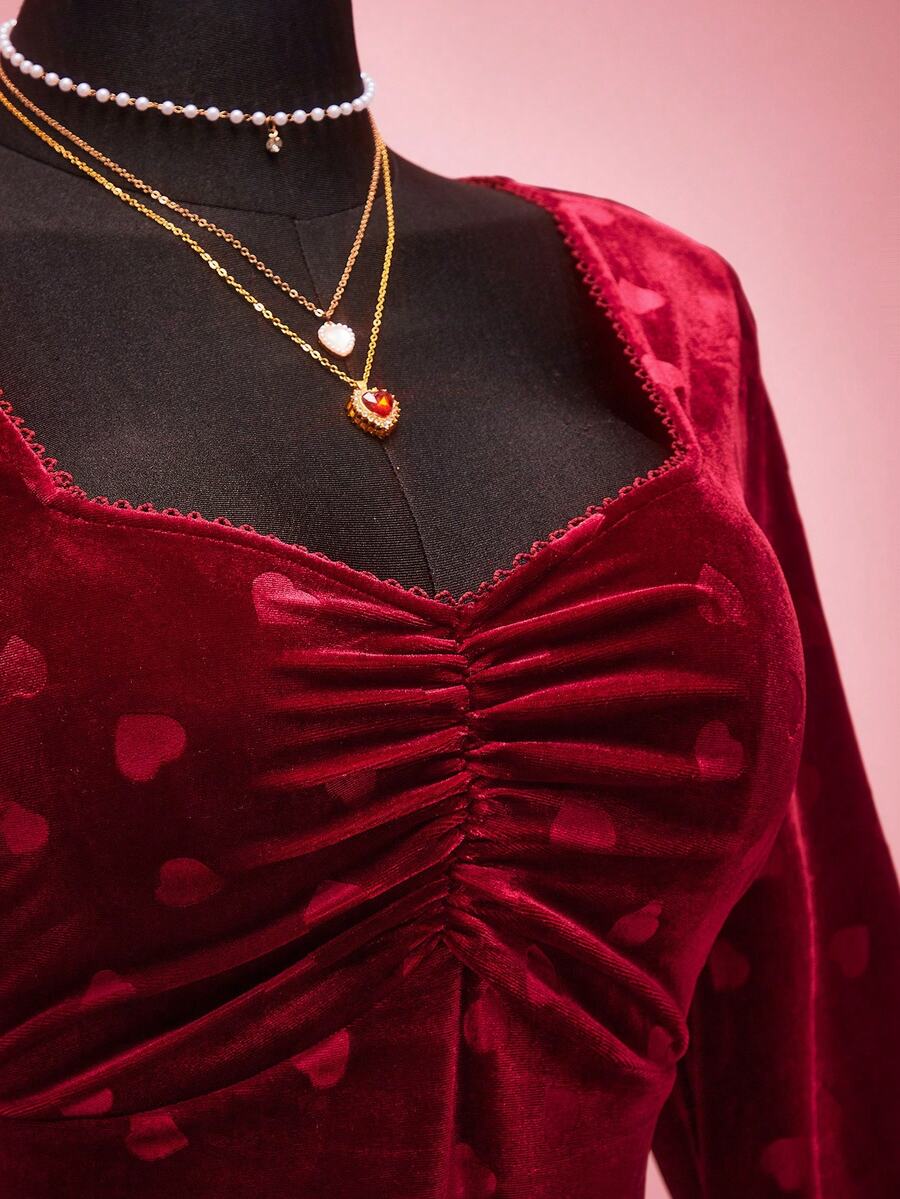 SHEIN ICON 大码女士情人节优雅爱心丝绒连衣裙 - 紅色 - 查看 1