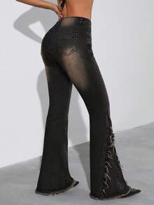 SHEIN ICON Frayed Hem Slant Pocket Fashionable Slim Fit Flare Jeans - Black - View 7