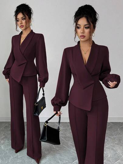 Elenzga Ensemble femme élégant et décontracté pour le travail, les vacances, le thé de l'après-midi. Comprend un blazer à col croisé irrégulier, une chemise à manches lanternes et des pantalons évasés à taille élastique. Convient pour le printemps, l'automne et l'hiver.