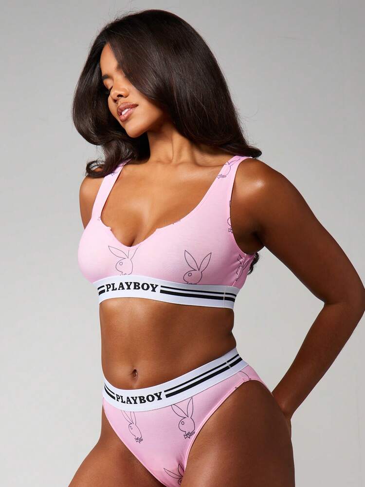 Missguided x Playboy Bunny Print Bralette And Hipster Panty Set Elastic Band Adjustable Straps Lingerie Two Piece Underwear Collection Comfortable Everyday Intimate Wear