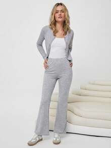 SHEIN EZwear Quần ống loe dệt kim thường ngày dành cho nữ - Xám - Xem 6