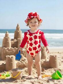 女婴碎花长袖连体泳衣，带帽子，防晒，适合游泳和度假 - 彩色 - 查看 3