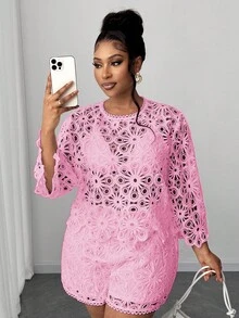 Maweii 大码女式镂空花卉圆领长袖优雅时尚衬衫 - 淺粉色 - 查看 6