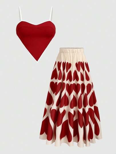 Sweetra Plus Size Summer Fashion Contrast Trim Asymmetric Hem Camisole & Heart Print Mini Skirt 2 Pieces Set  Valentine's Day New
