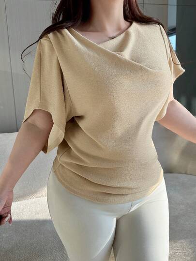 Dazy Plus Elastic Fitted Ruched Cropped Short Sleeve T-Shirt, Spring/Summer
