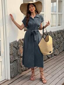 Vivie Lora Women's Sleeveless Tie-Waist Tie-Dye Denim Effect Midi Dress - Blue - View 6