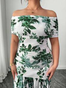 SHEIN Elenzya Vestido elegante y sofisticado de hombros descubiertos, talla grande, adecuado para fiestas, vacaciones, bodas, con diseño de abertura favorecedora - Multicolor - Ver 9