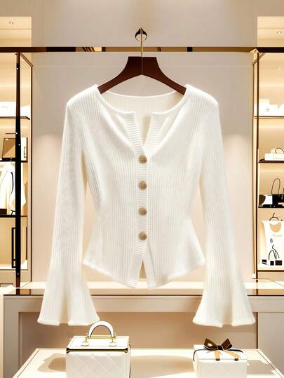 GlowEve 优雅通勤纯色喇叭袖前开襟纽扣衬衫