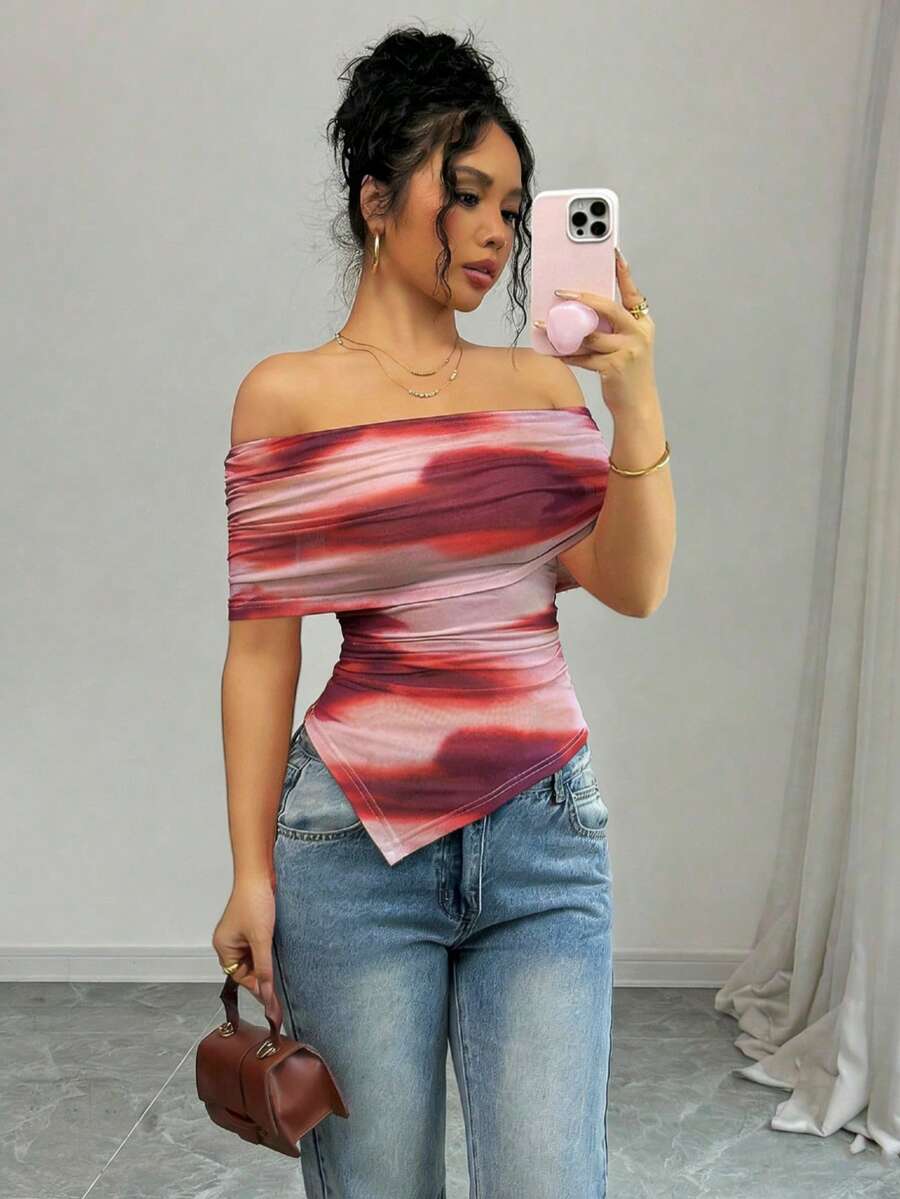 Olithes Camiseta ajustada con cuello cuadrado, hombros descubiertos y dobladillo fruncido, elegante para mujer, primavera/verano - Púrpura malva - Ver 1